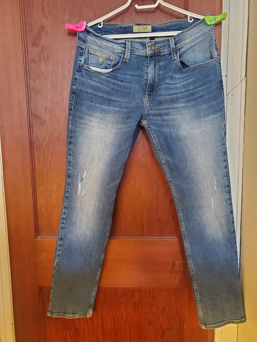 Guess Denim Slim Vermont Jeans in Blue with Tan Stitching